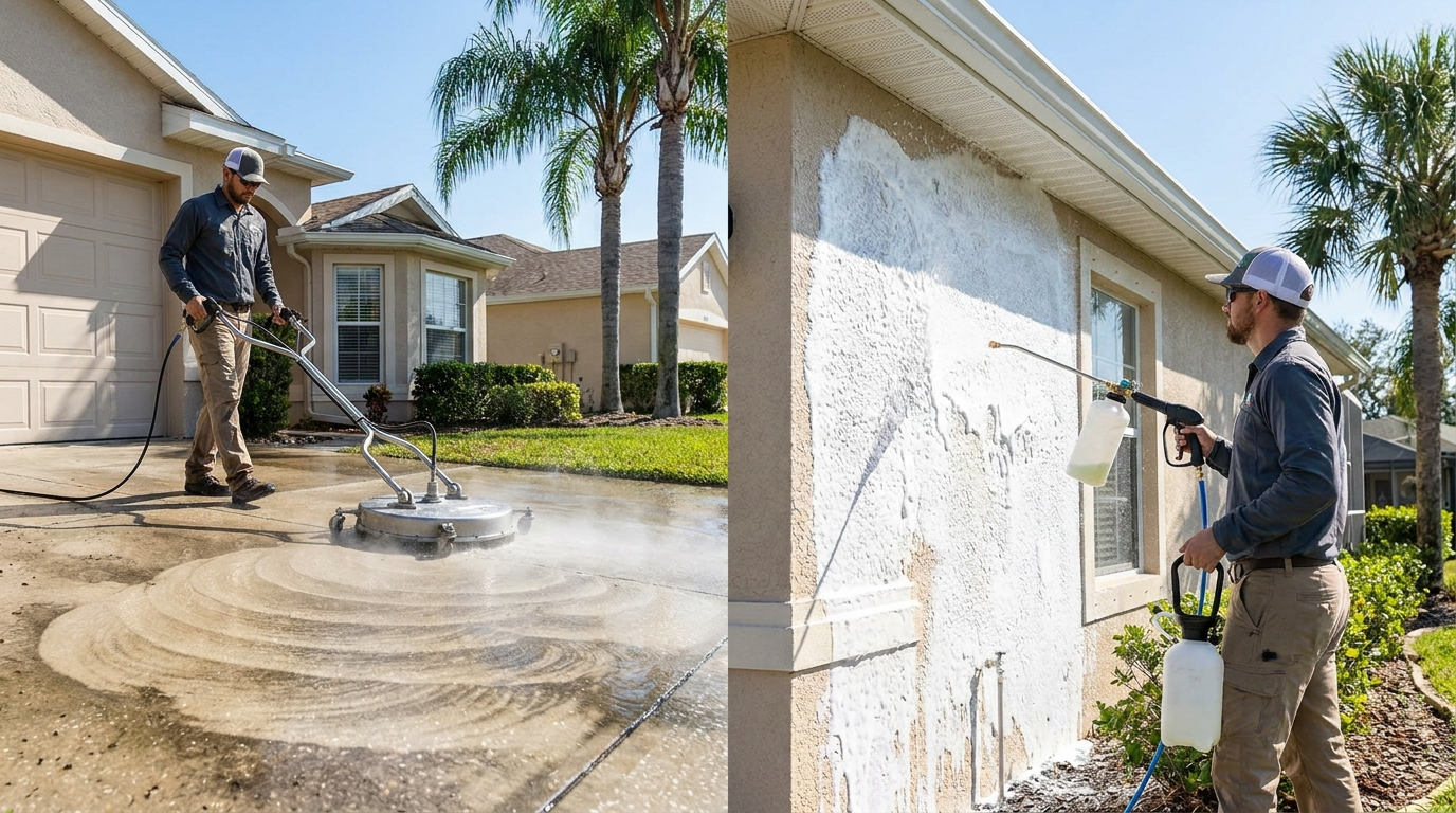 Comparación de soft washing en paredes de estuco y lavado a presión en concreto en una casa de Florida