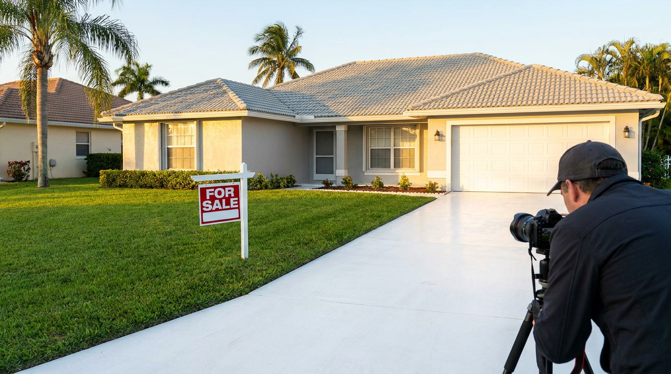Casa de Florida recién lavada con letrero de venta, lista para las fotos del listing