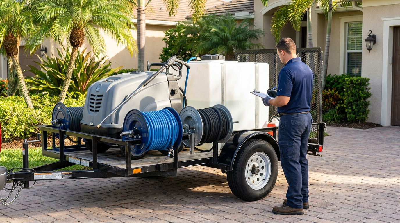 Equipo profesional de lavado a presión con trailer y licencia trabajando en una casa de Orlando