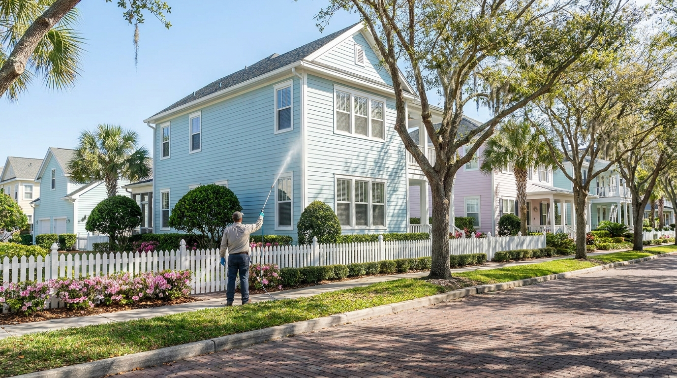 Lavado suave de una casa de siding claro en Celebration, Florida