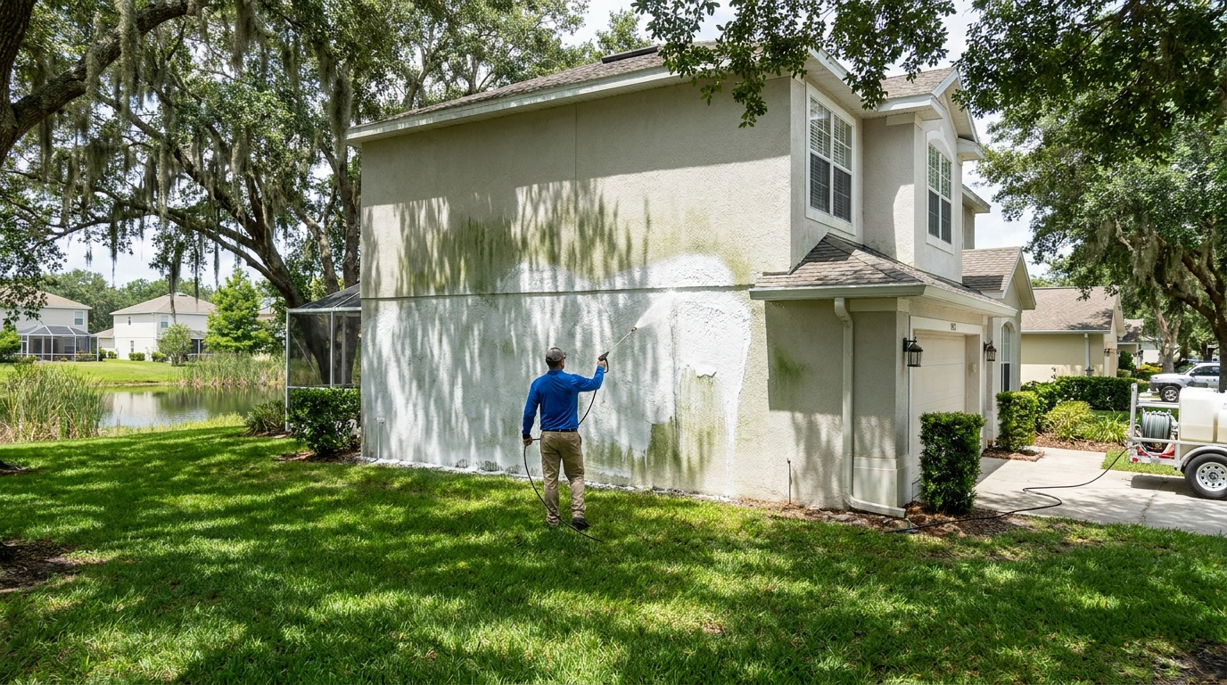 Lavado suave de una casa entre robles en Hunters Creek, Florida