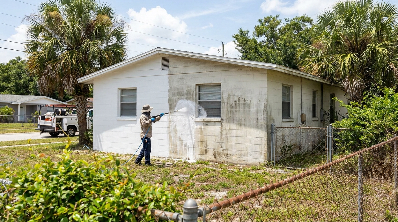 Lavado suave de una casa de bloque en Azalea Park, Orlando, Florida