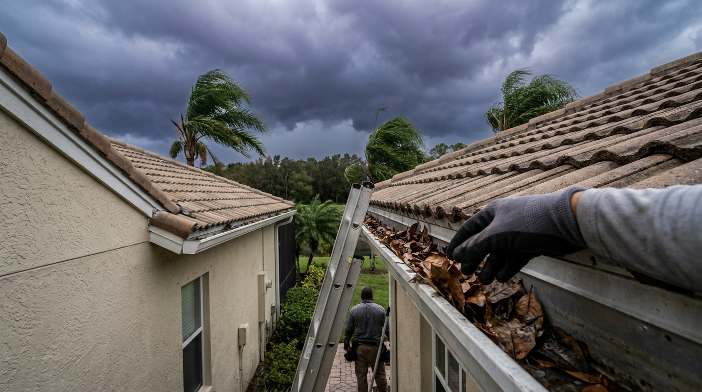 Technician clearing leaf-clogged gutters on a Florida home before a hurricane with storm clouds building