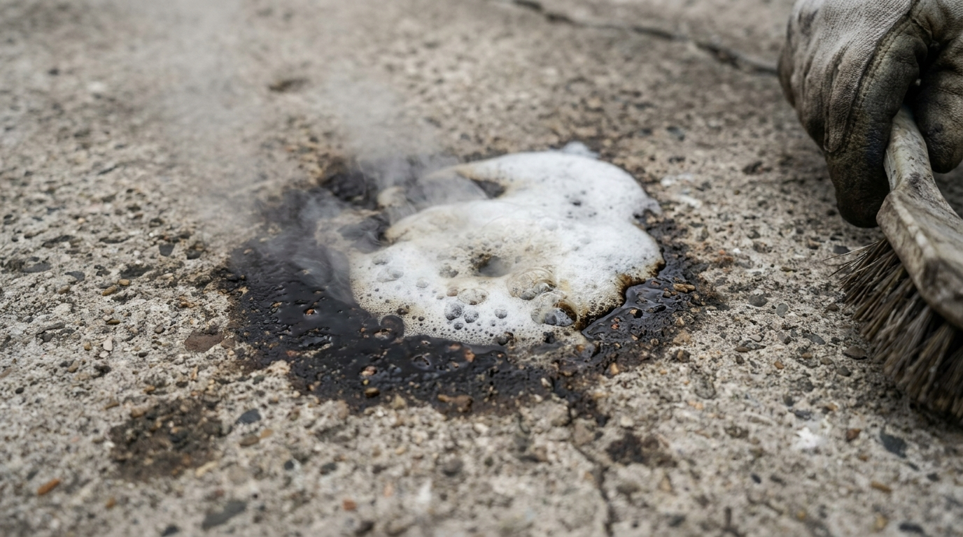 Oil stain on a concrete driveway being treated with degreaser and hot water