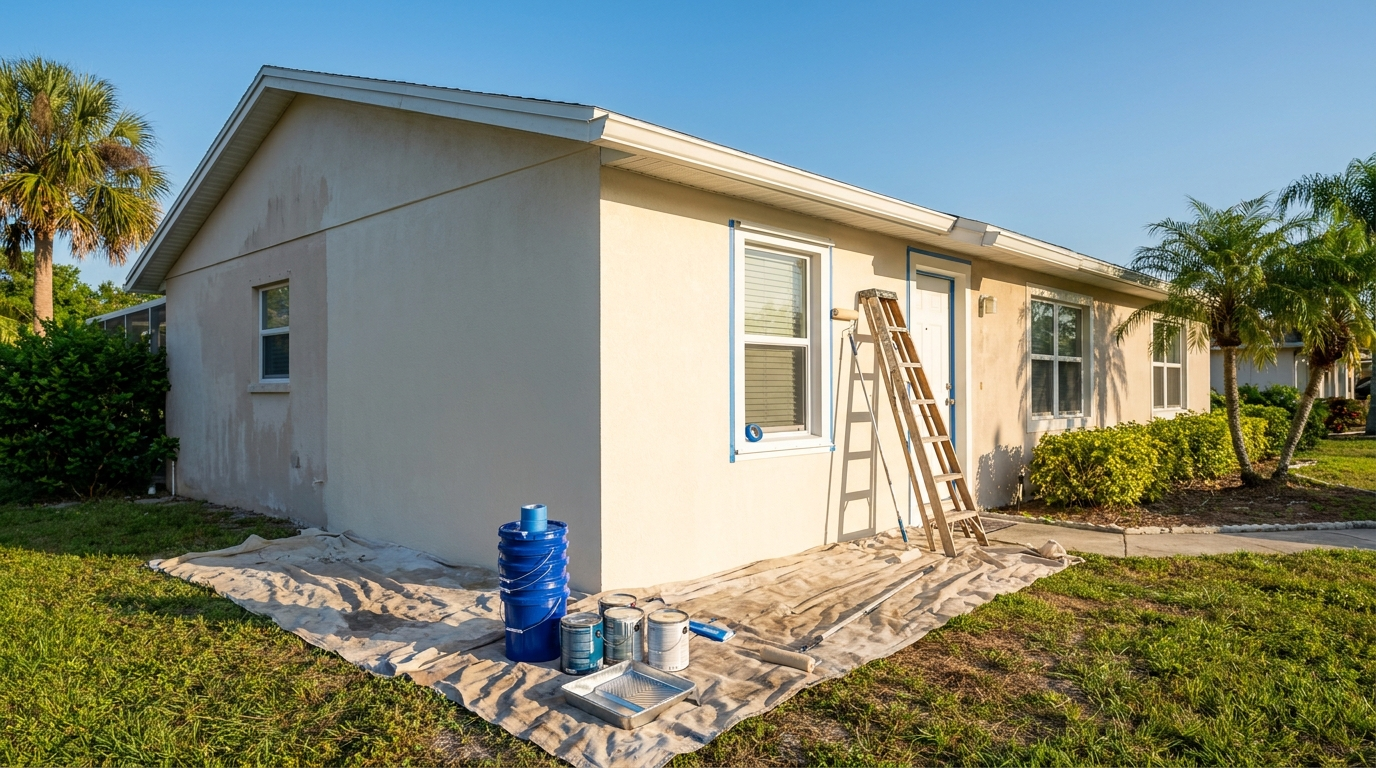 Freshly soft washed stucco wall with painting supplies staged for an exterior repaint