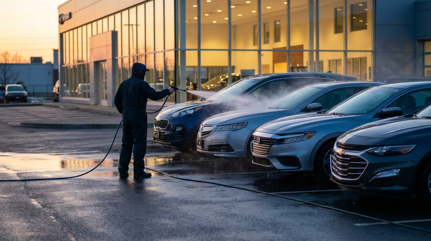 Car dealership front line being washed at dawn before opening