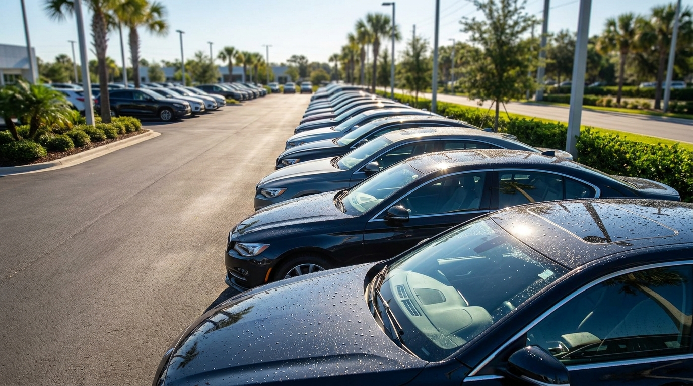 Long row of freshly washed cars on a Florida dealership lot