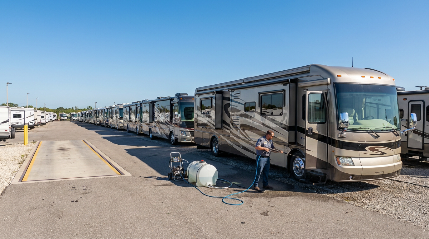 Rows of clean motorhomes on a Florida RV dealership lot during a commercial washing program