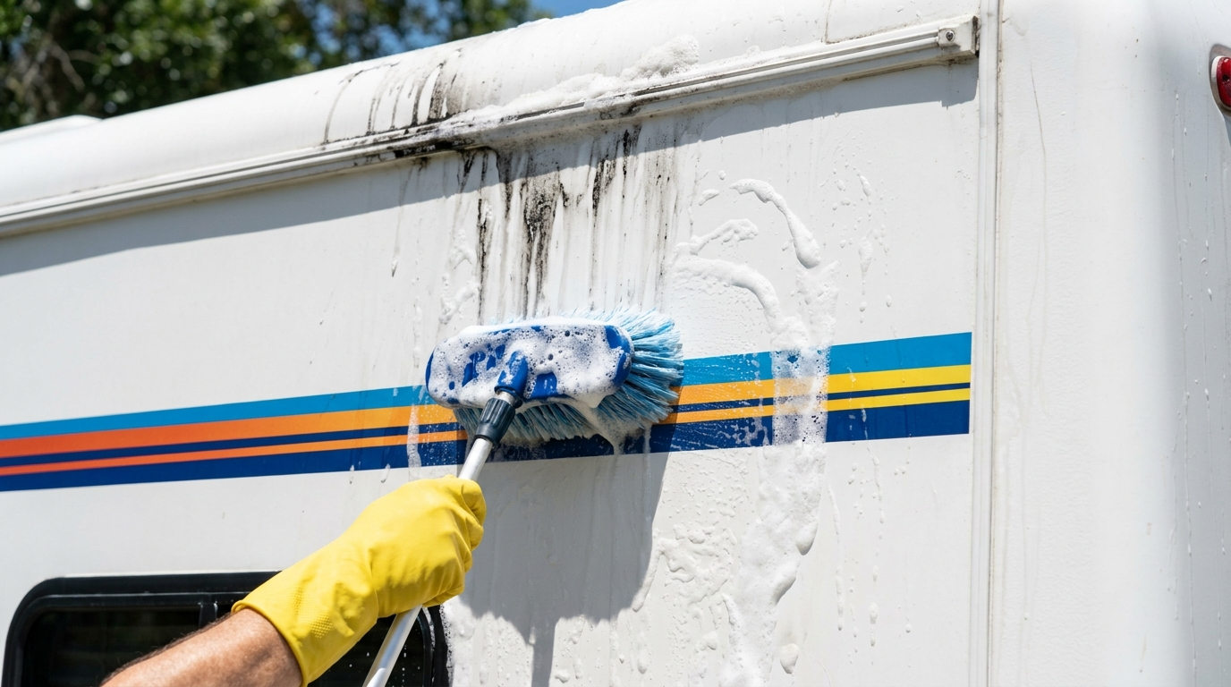 Soft wash foam removing black streaks from a motorhome sidewall without damaging the decal