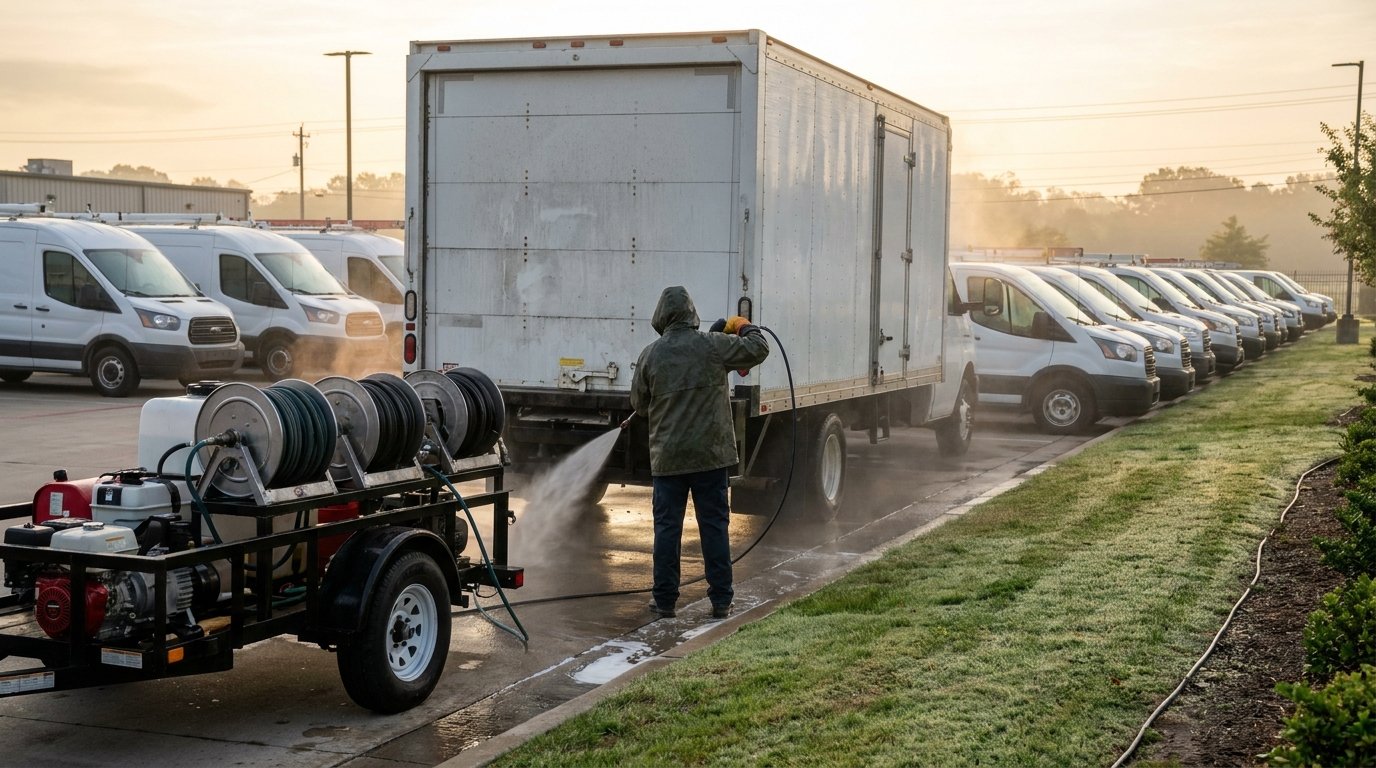 Technician washing a commercial box truck in a fleet yard with rinse water directed to a landscaped strip