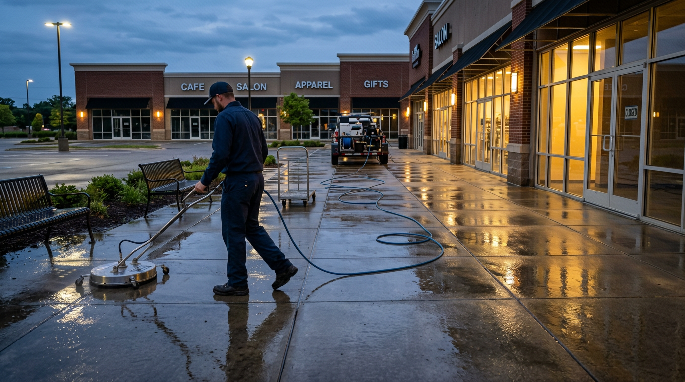 Commercial plaza walkway being pressure washed after hours in Orlando