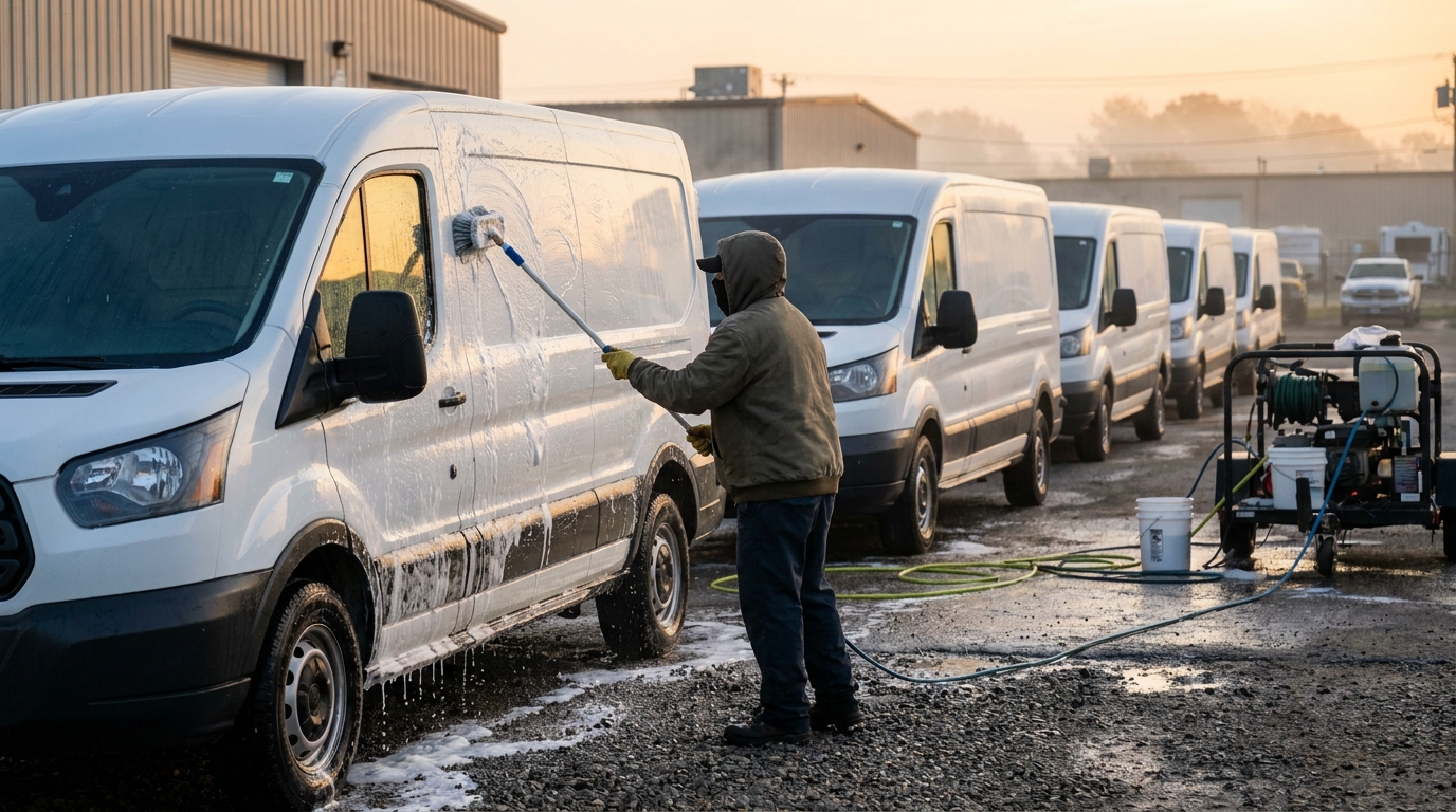 Row of commercial fleet vans being washed at a Central Florida yard