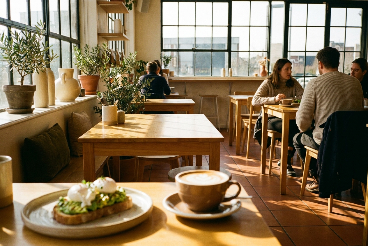 Gün ışığı alan sıcak kafe içi