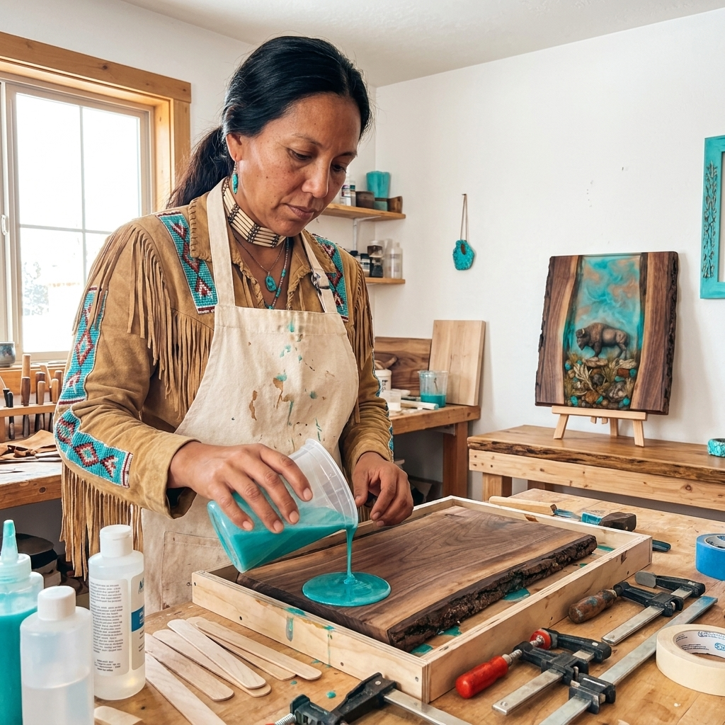 Pouring the turquoise resin by hand