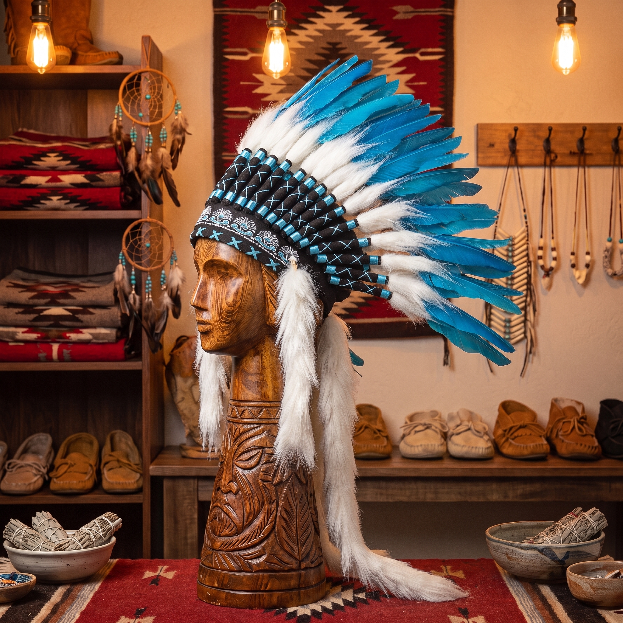 Turquoise & White feather headdress