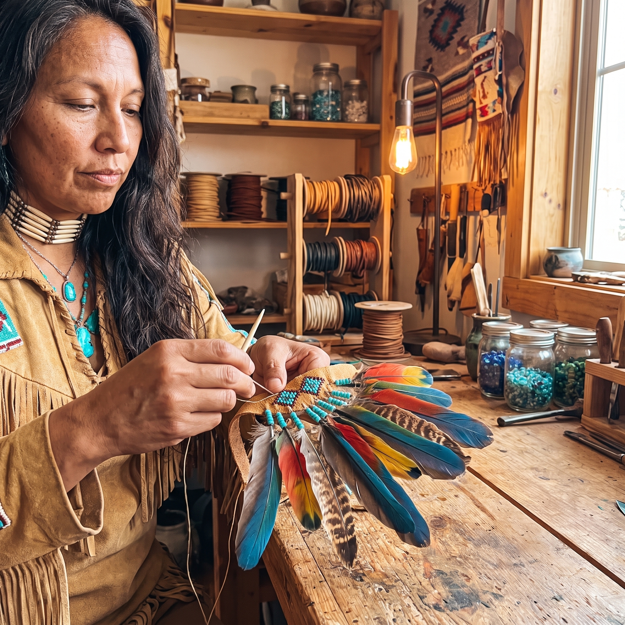 Stitching feathers onto the leather headband