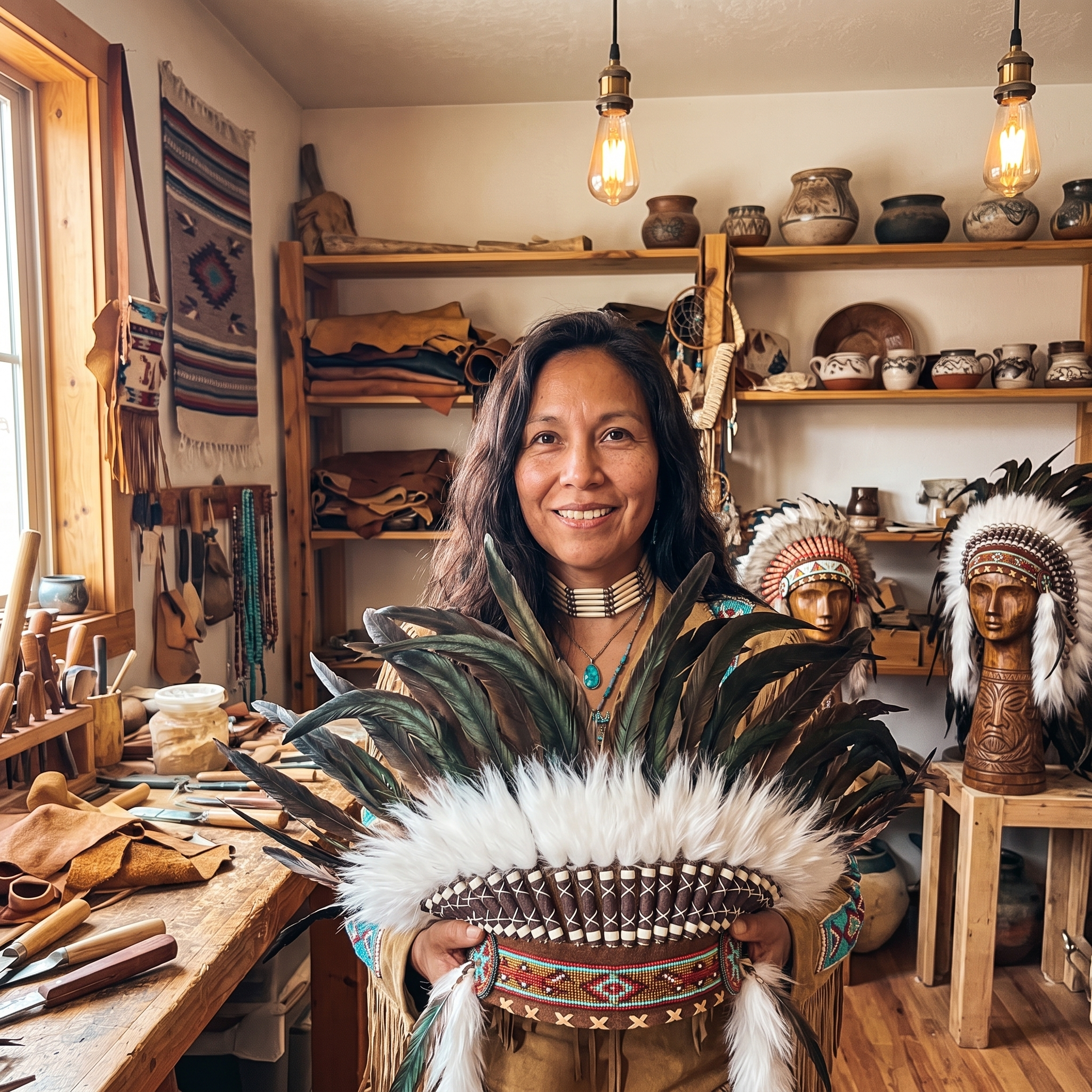 The finished Native-inspired feather headdress