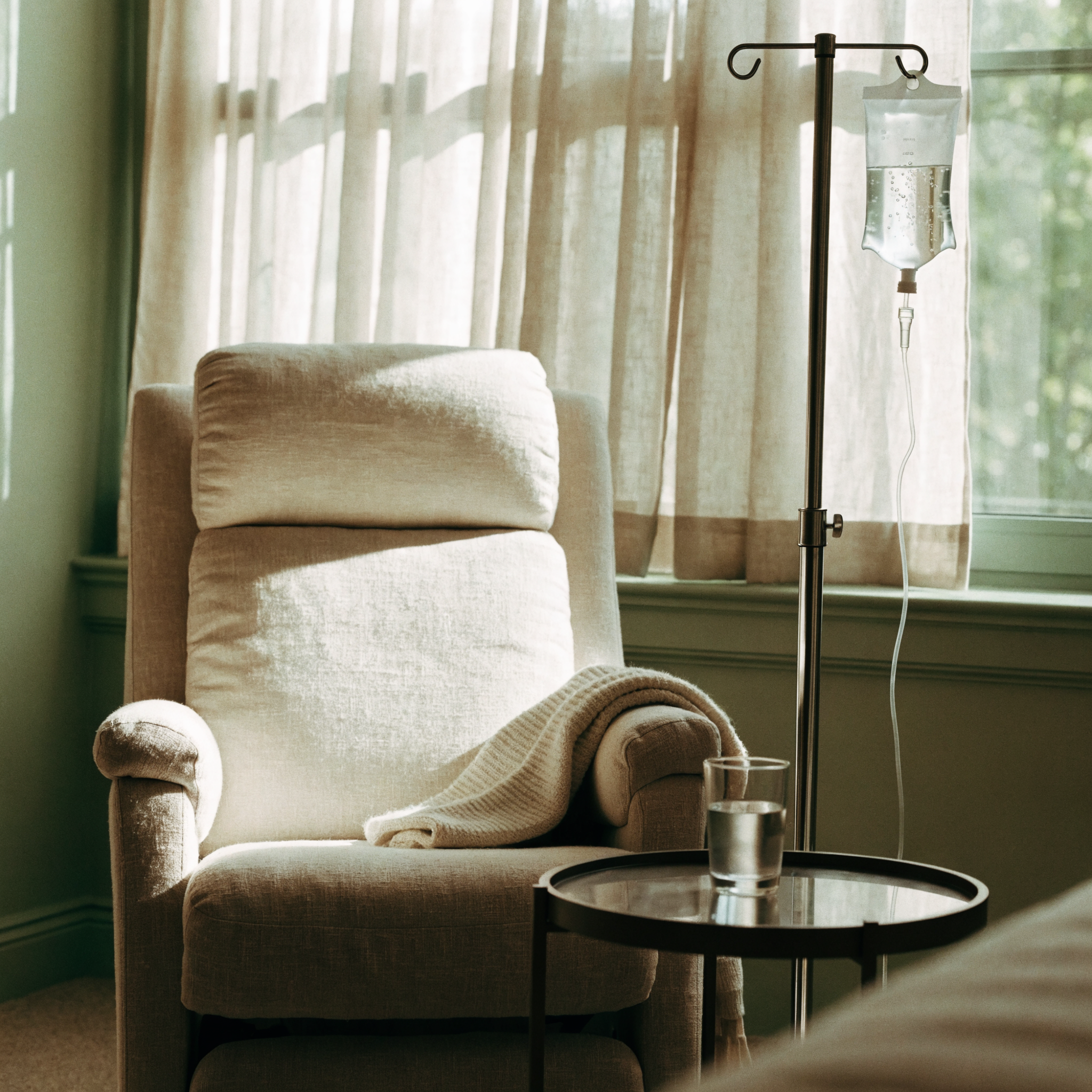 A reclining infusion chair beside an IV pole
