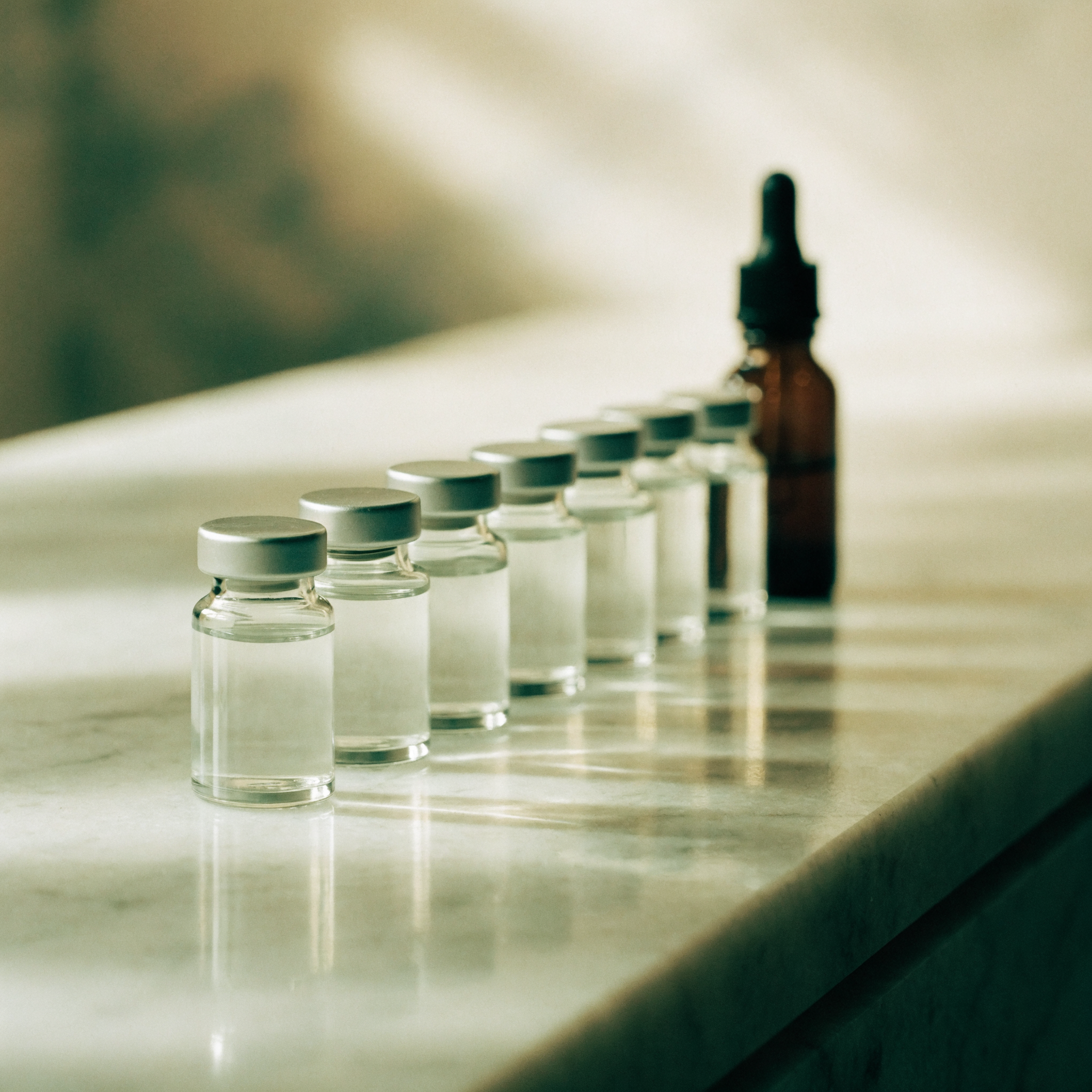 A row of small vials beside an amber dropper bottle