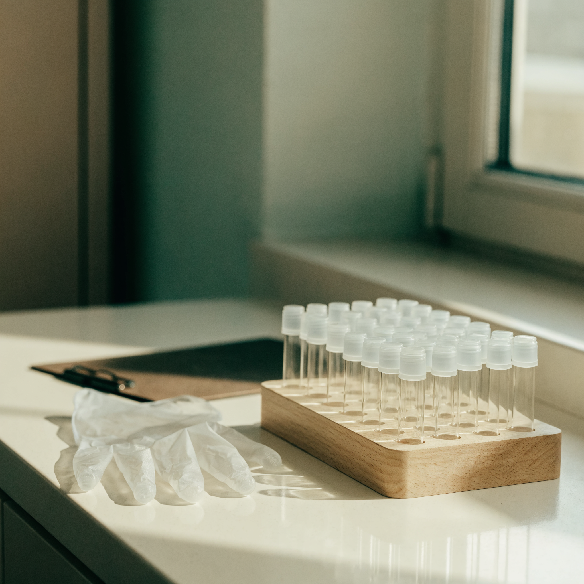 A clinic lab counter with empty capped tubes and gloves