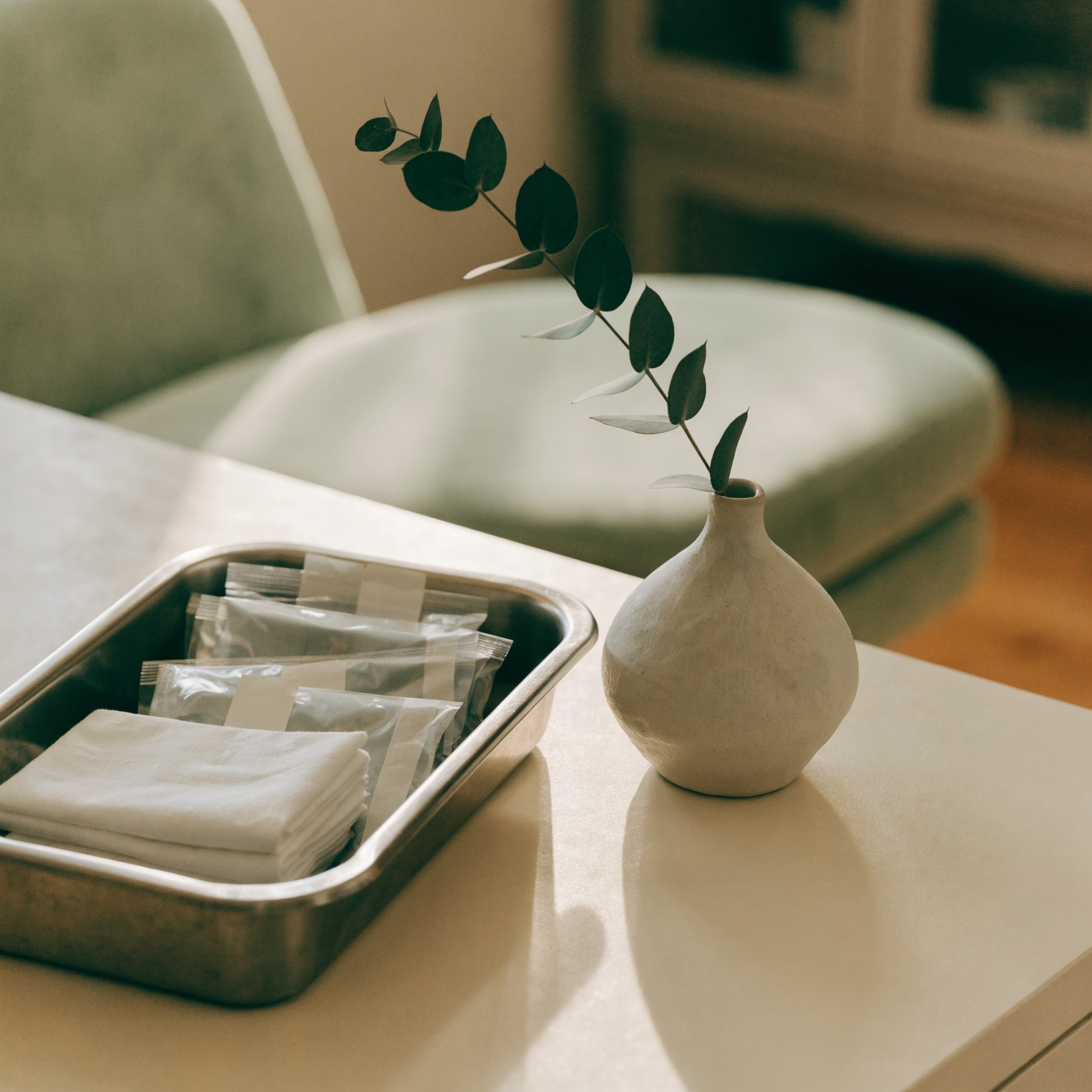 An instrument tray with eucalyptus on a treatment counter