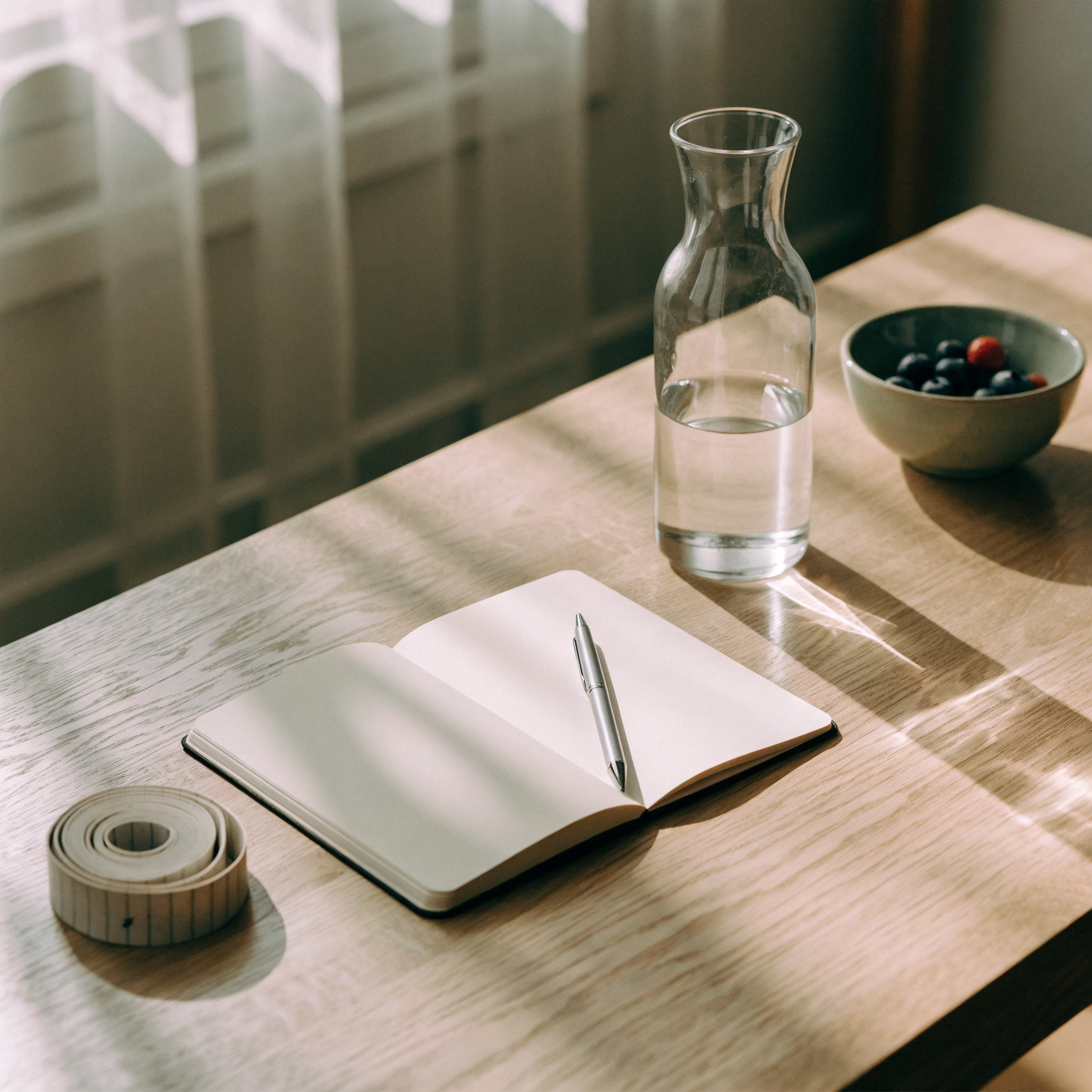 A desk with a notebook, a tape measure and fresh berries