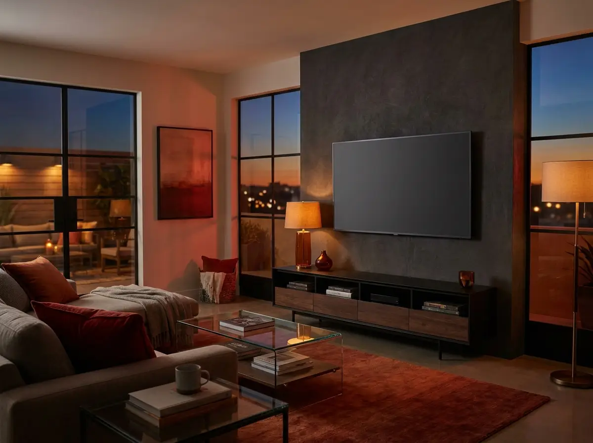 Wall-mounted TV with concealed cables in a Bay Area living room
