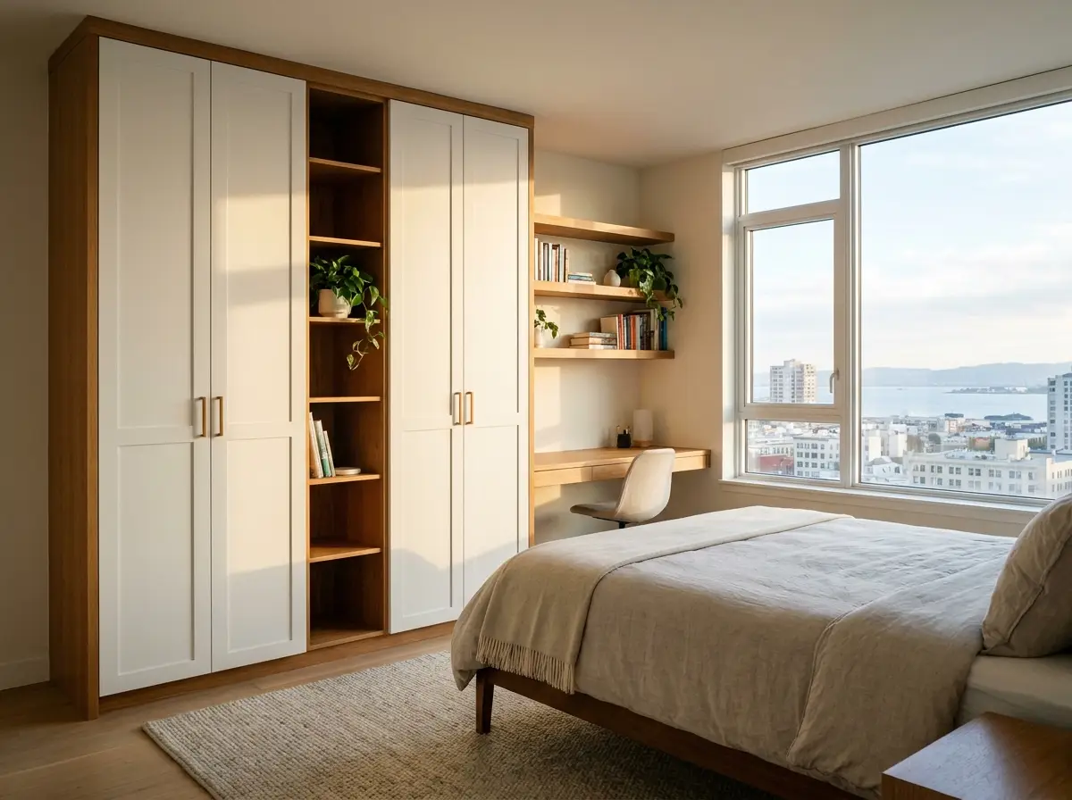 Assembled wardrobe and floating shelves in a bedroom