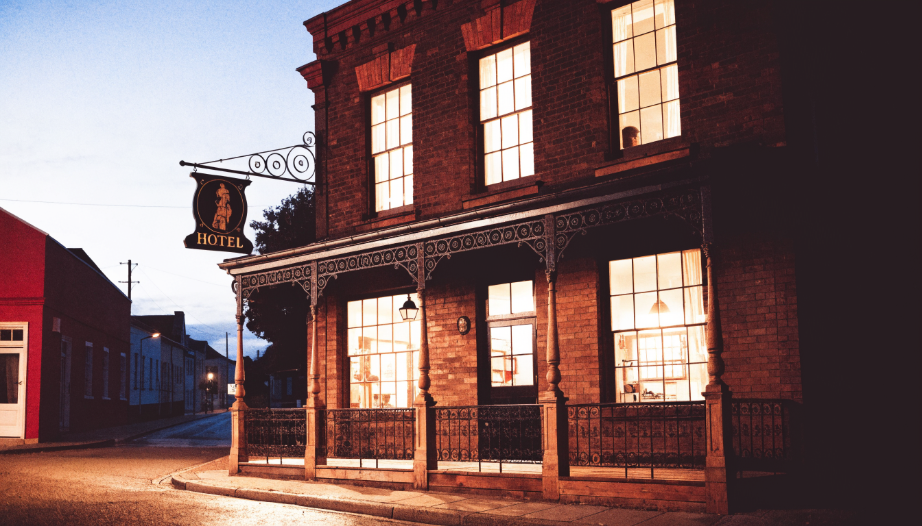 Wheatsheaf Hotel heritage facade at dusk