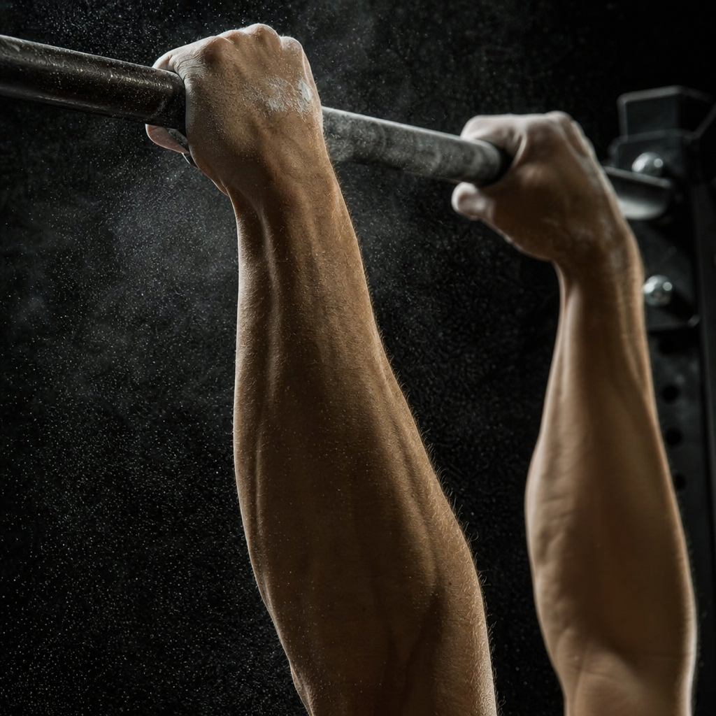 Close-up of hands gripping a pull-up bar showing muscle tension and chalk