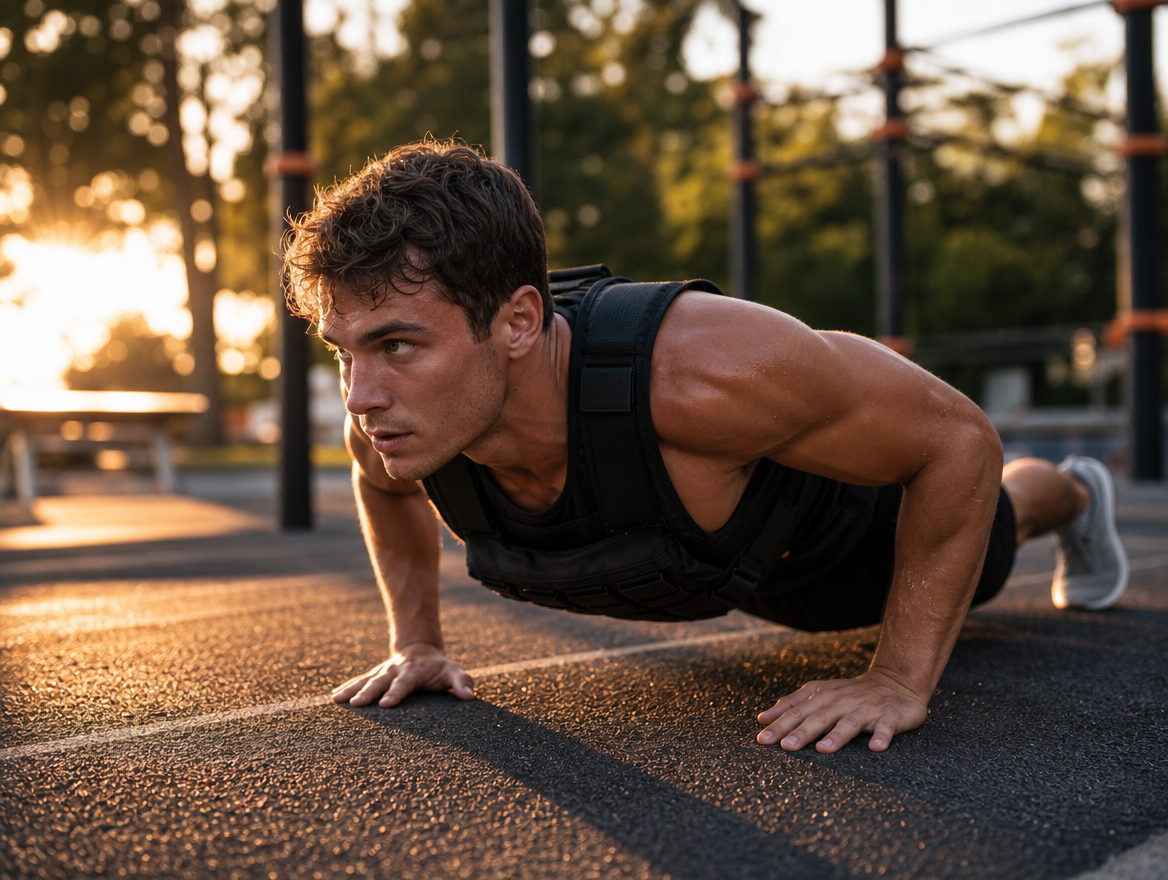 Athlete wearing a weighted vest doing push-ups in an outdoor calisthenics park at golden hour