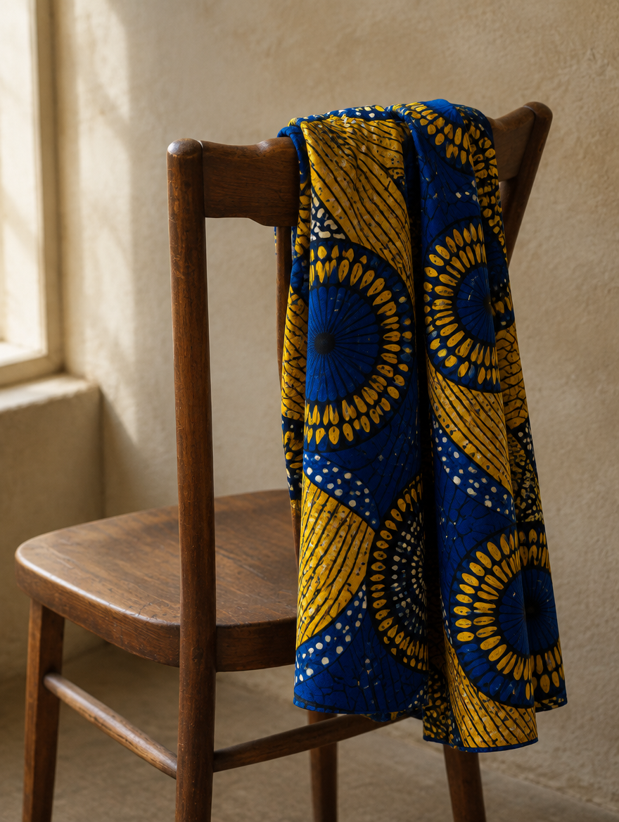 A cobalt and yellow wax print scarf draped over a chair