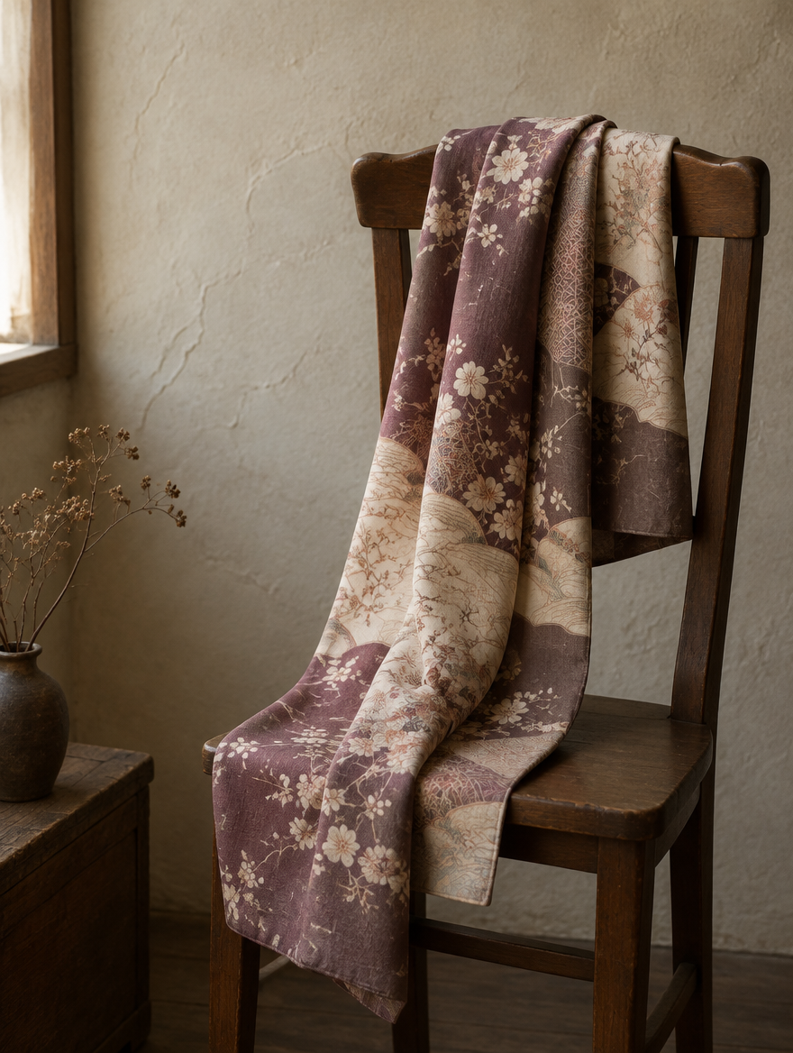 A long scarf of faded plum kimono silk draped over a chair