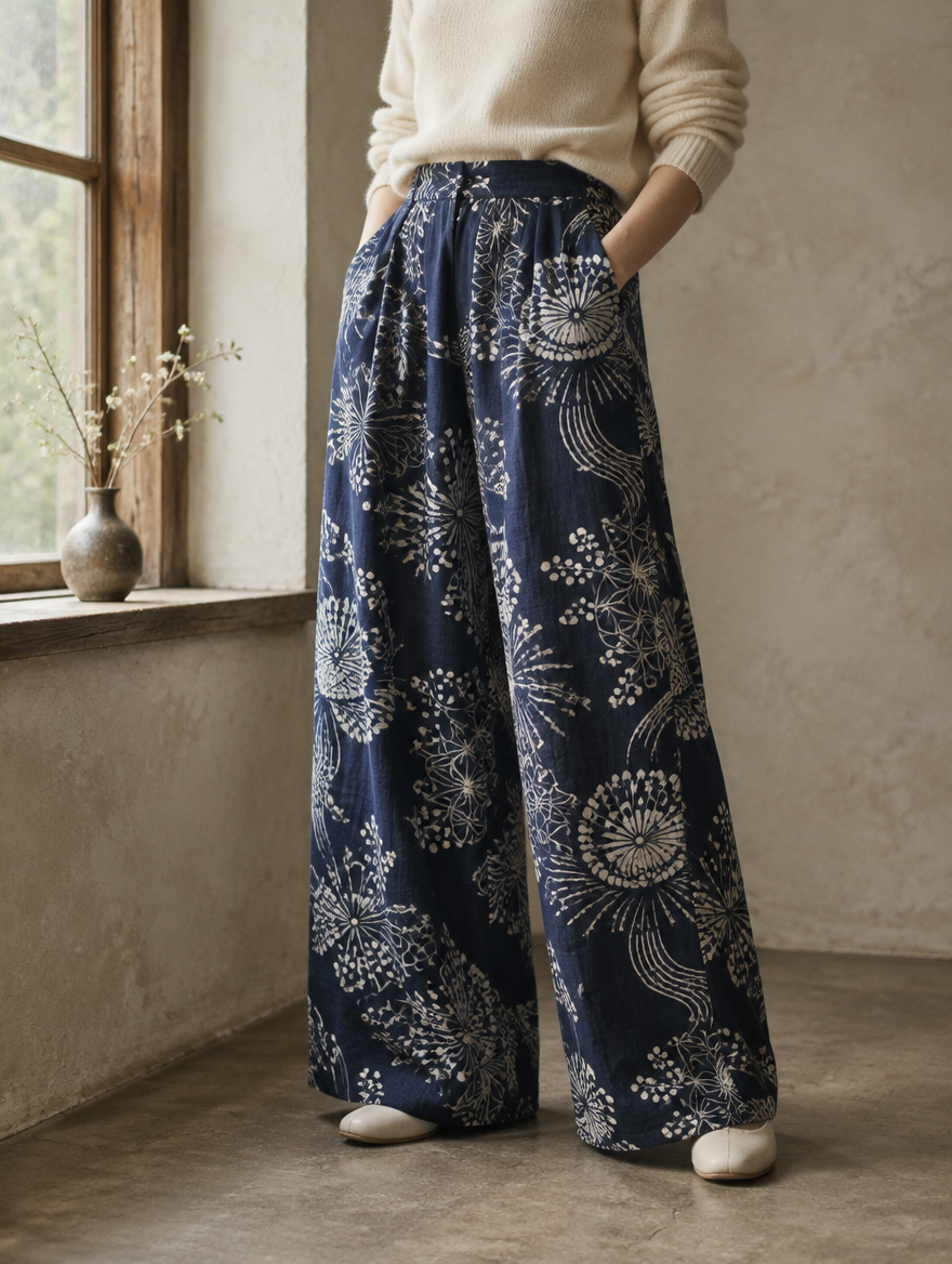 Wide-leg trousers sewn from navy and white yukata cotton