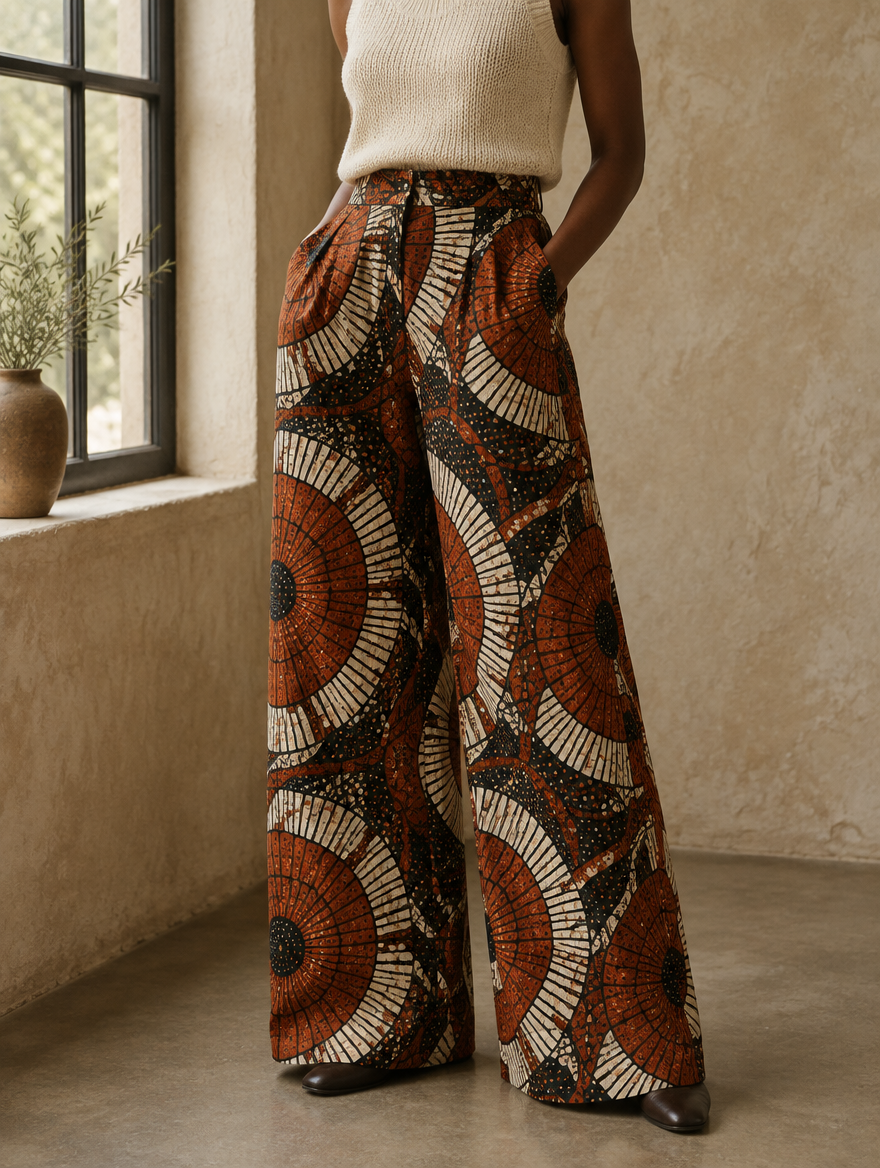 Wide-leg trousers in rust, black and cream wax print
