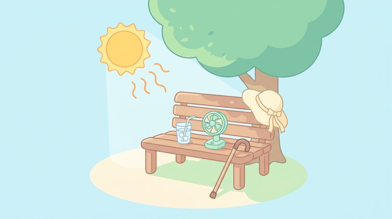 여름 폭염 속 그늘과 시원한 물, 휴식을 표현한 건강 일러스트
