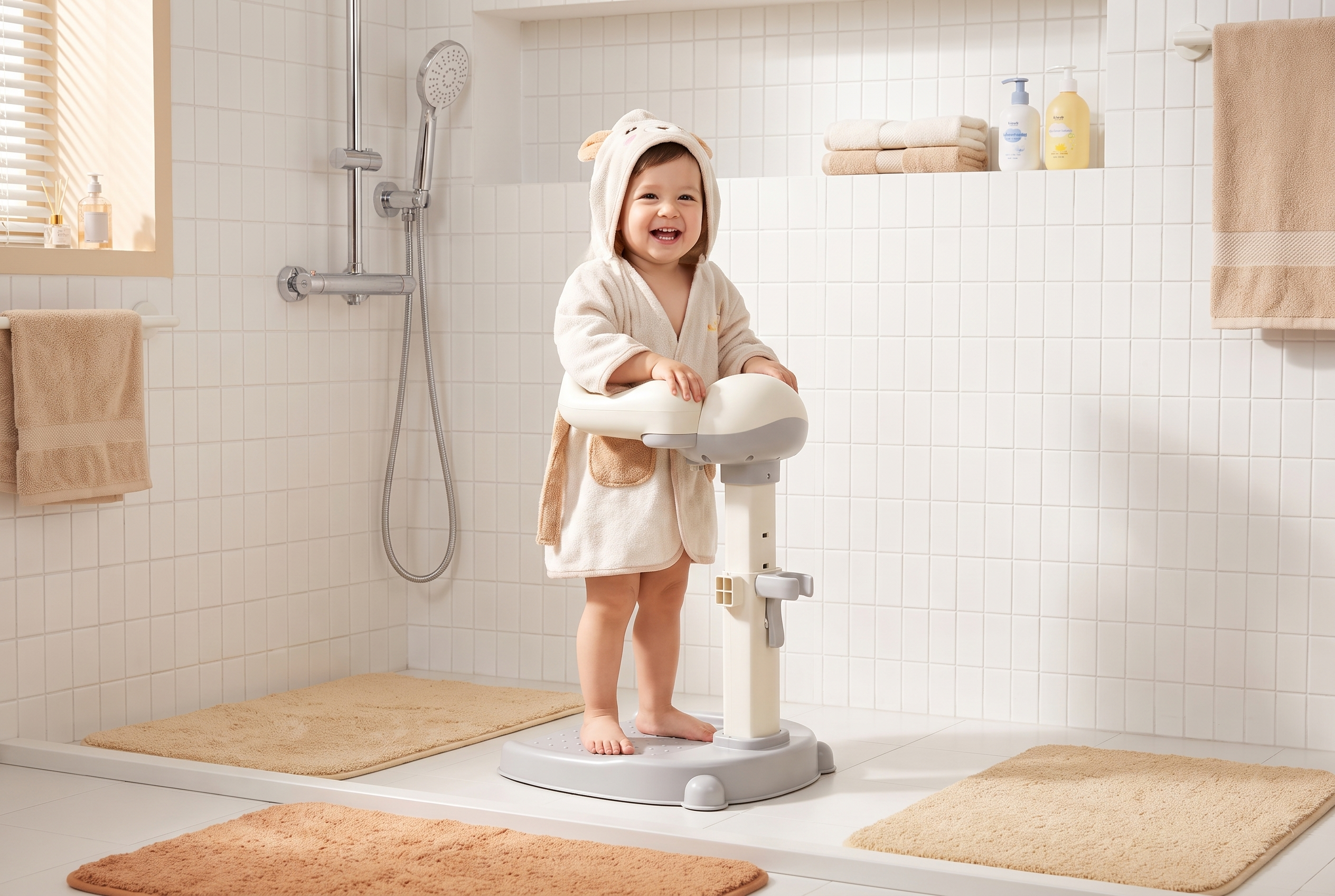 Baby Douchestandaard met Antislip en Krukje – Verstelbaar, Grijs