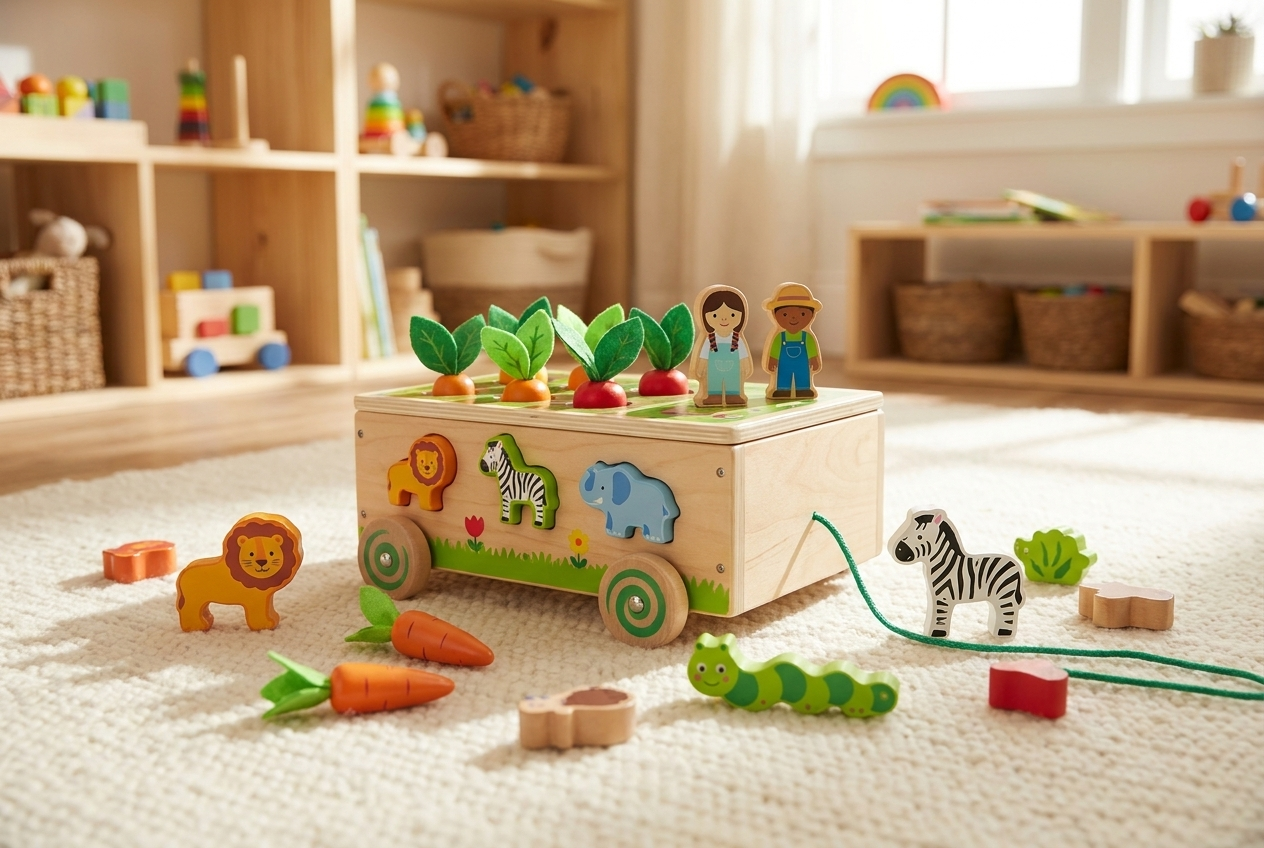 Houten trekwagen met dierenvormen, magnetisch hengelspel en sorteerblokken, montessori activiteitenspeelgoed voor peuter