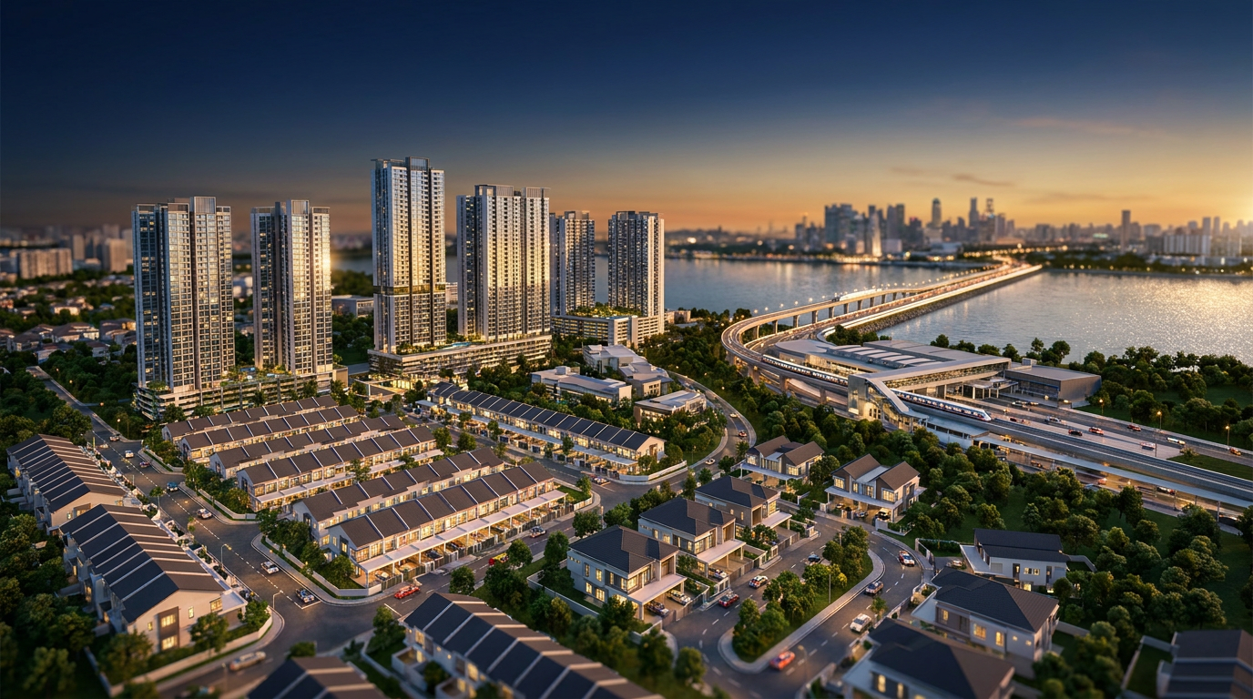 Malaysia property projects skyline — Johor Bahru high-rise and landed property beside the RTS Link and CIQ
