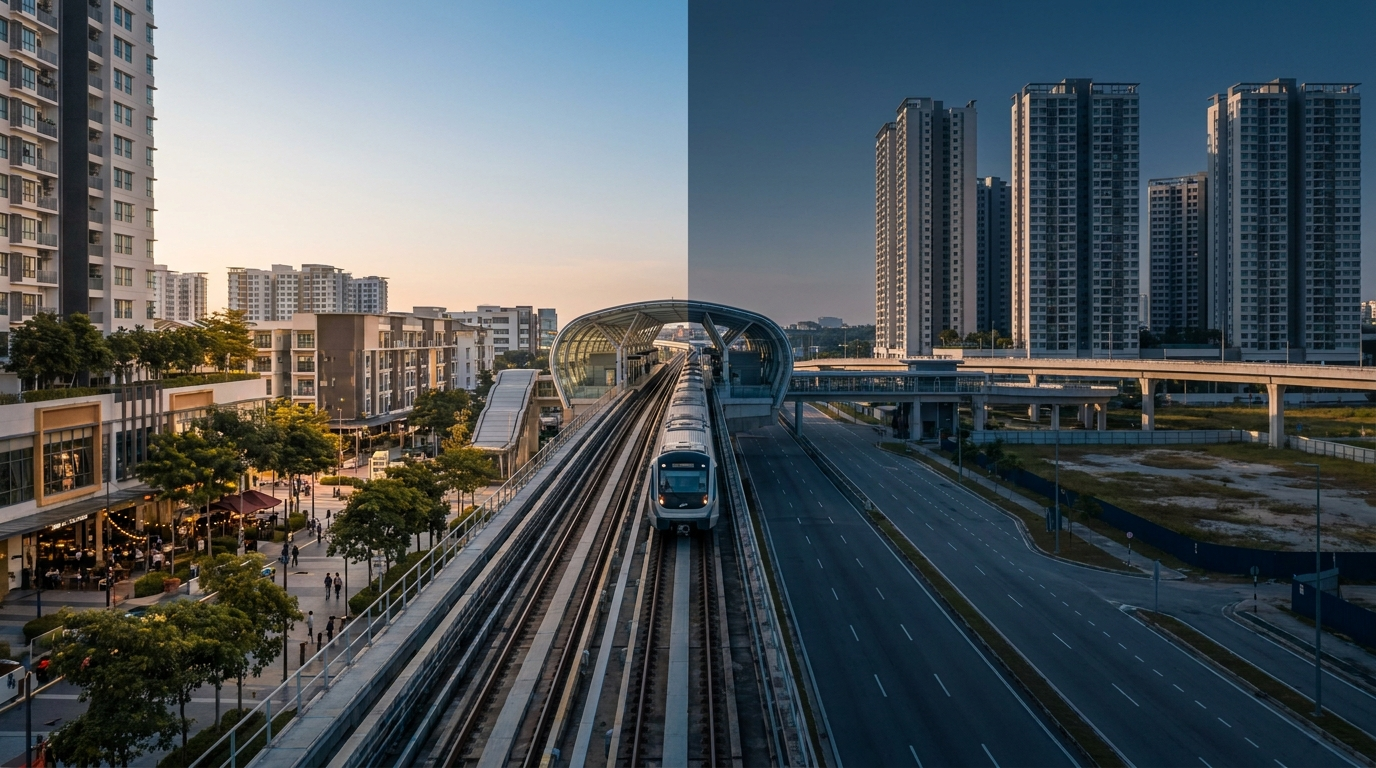 A modern rail line running through a city at dusk