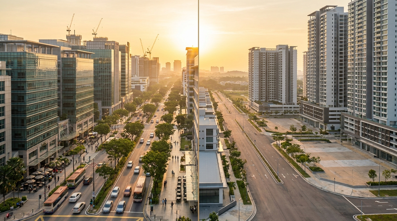 Split view of a lively Johor neighbourhood beside a quieter one, golden morning light