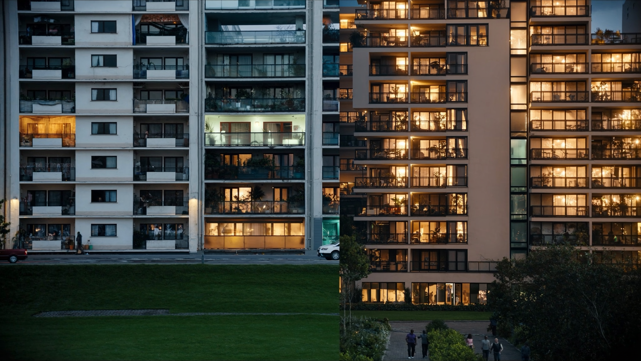 Two contrasting residential buildings at dusk, an older quiet block beside a lively modern condominium, representing cheap price versus good investment value