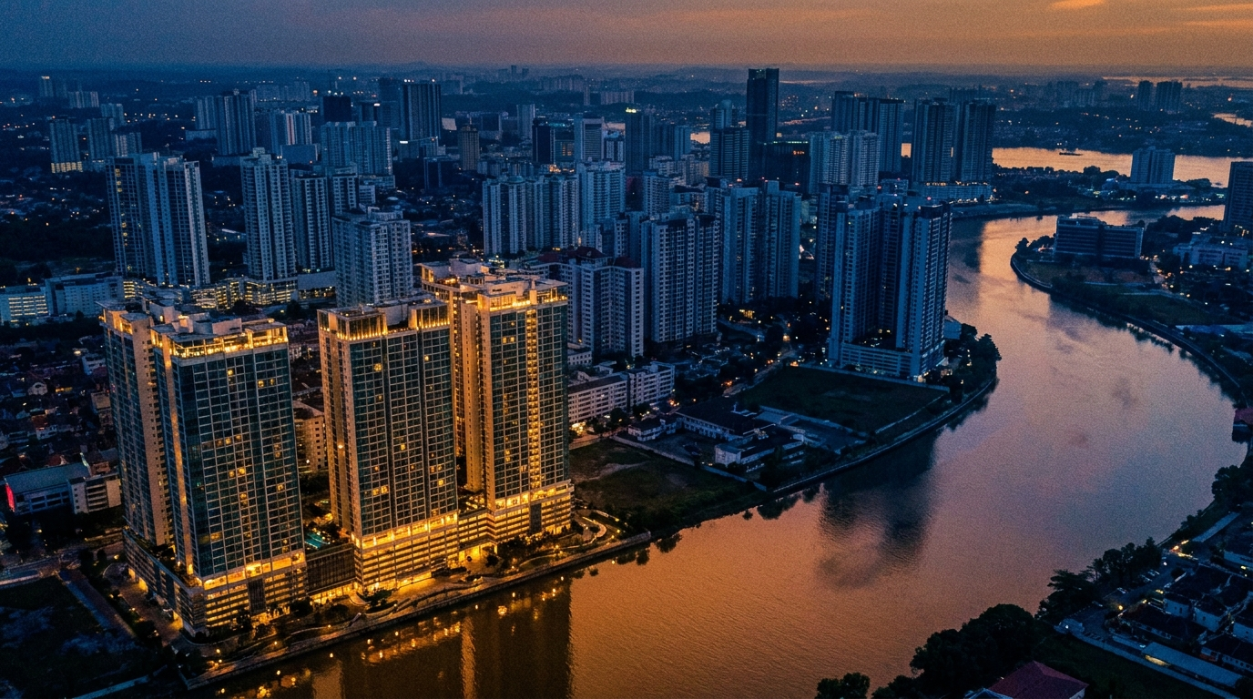 Aerial view of a dense Johor city skyline at dusk, some towers lit and others dark, representing an uneven property market
