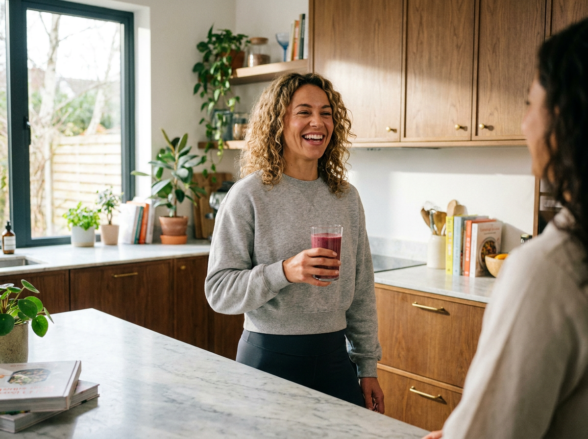 Woman on a GLP-1 looking strong and energetic in her kitchen with a protein shake