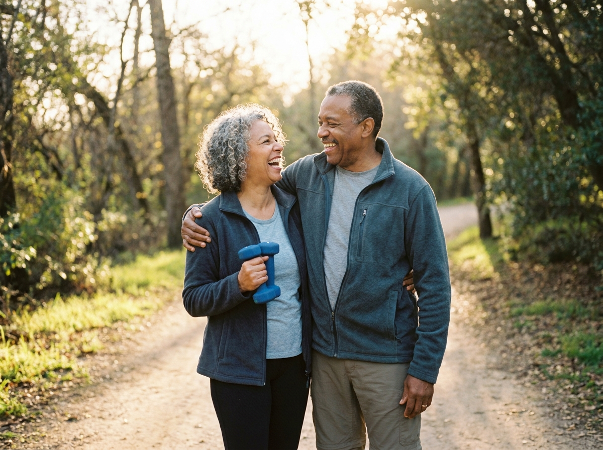 Active couple in their fifties looking vital and strong together after a walk