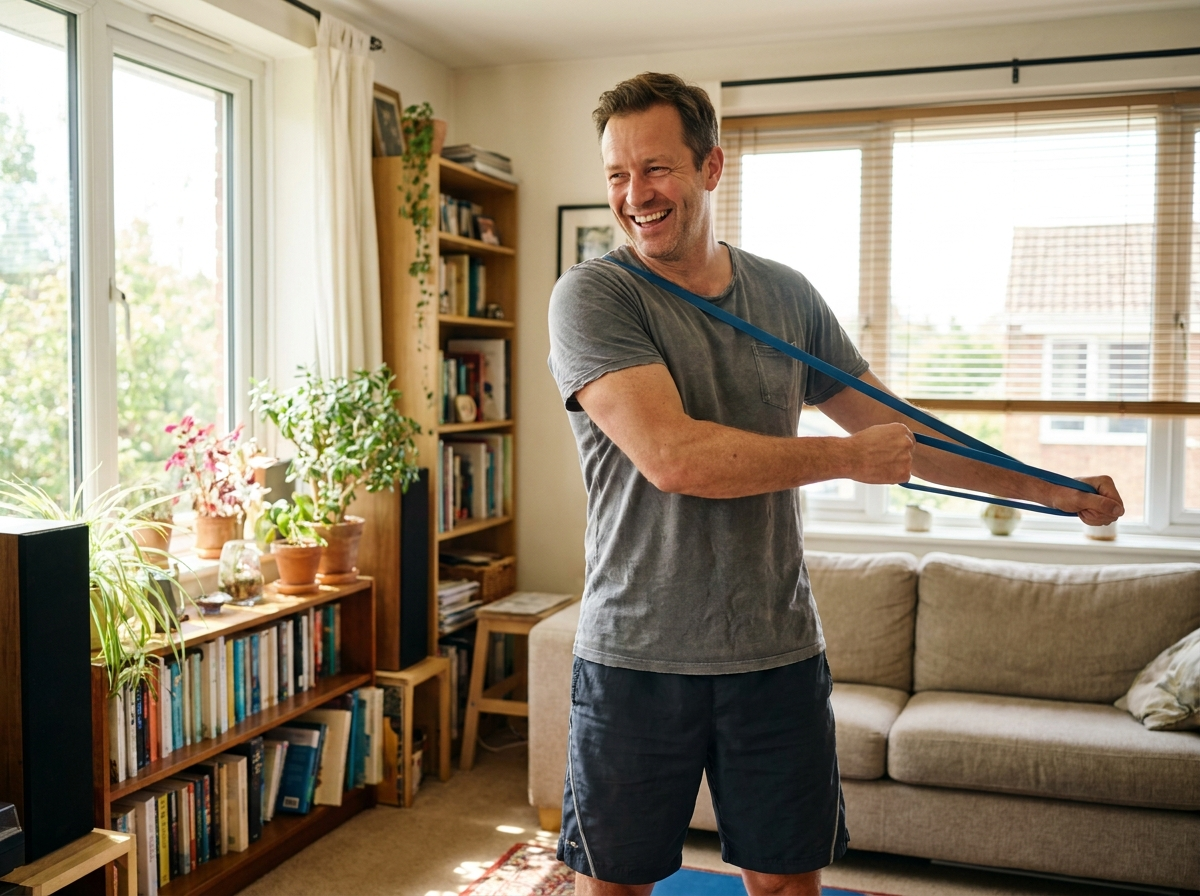 Man doing a light resistance-band workout at home and smiling
