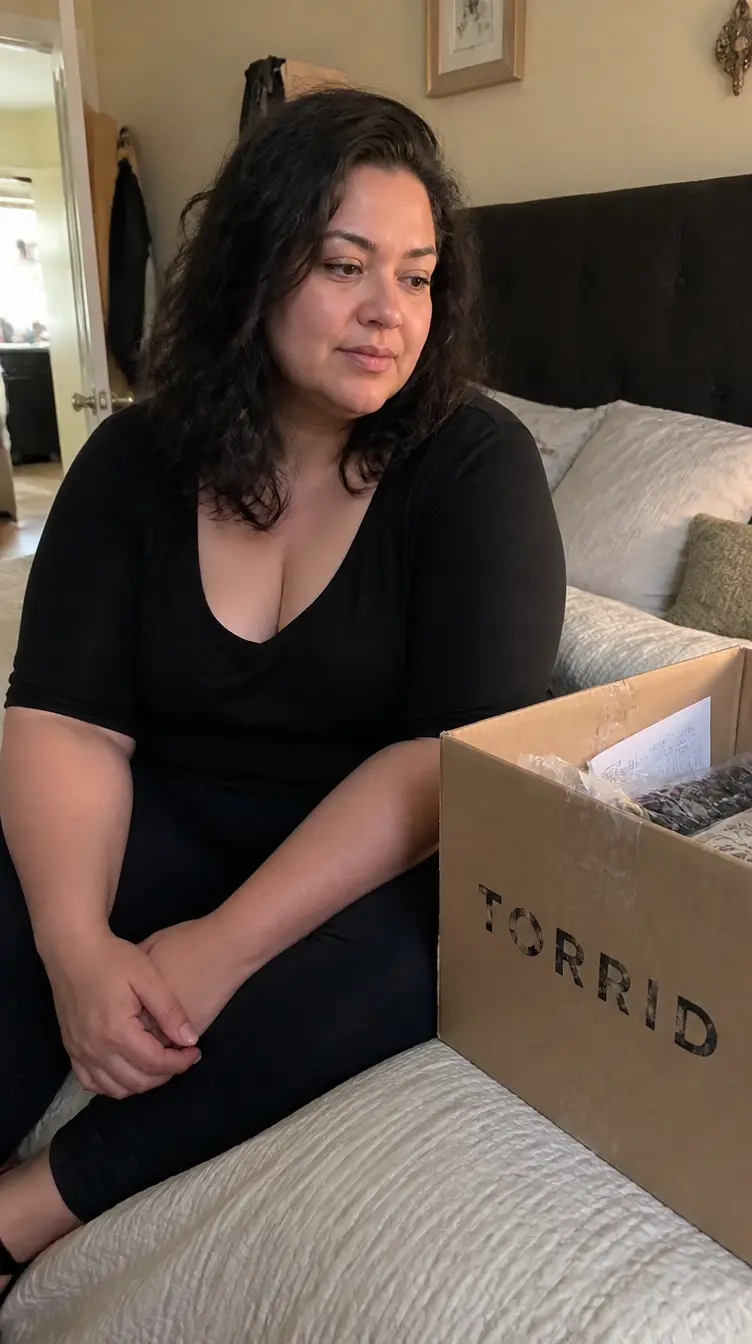 Sandra sitting on bed, delivery box beside her