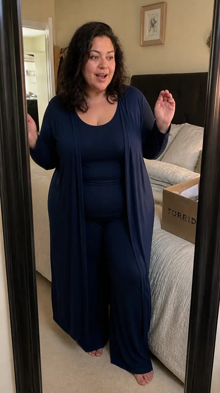 Sandra in front of mirror, trying on the set, surprised