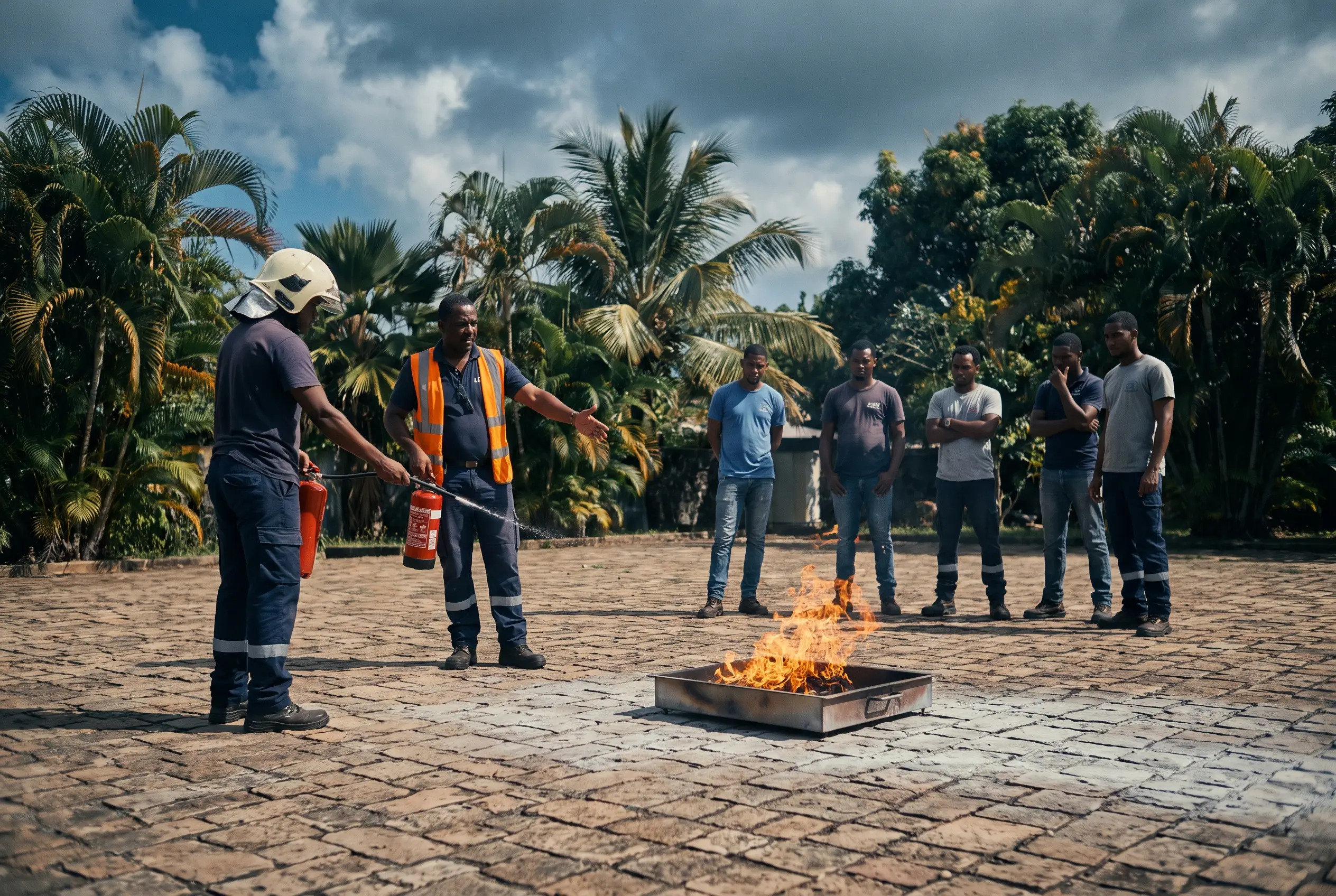Formation manipulation d'extincteur sur bac à feu en extérieur, Martinique