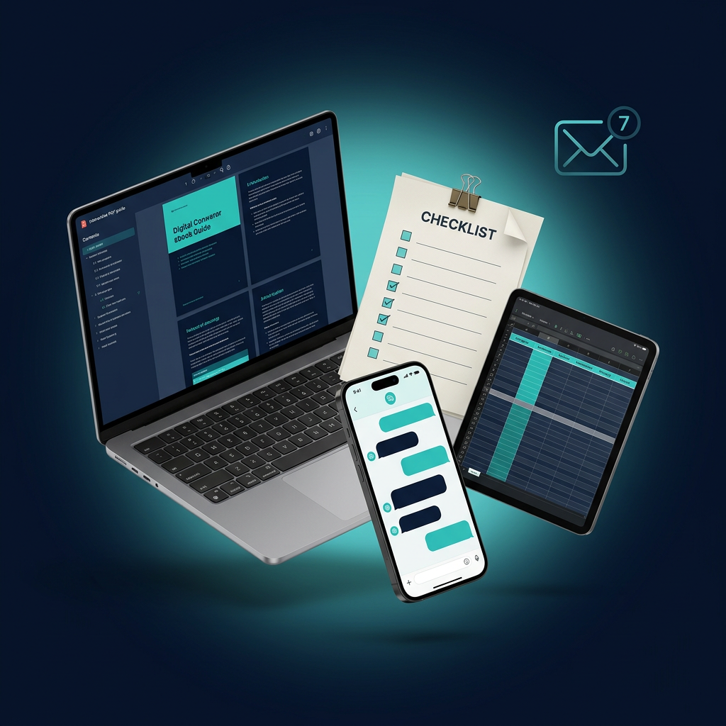 Mockup del bundle Monotributo Sin Vueltas — guía en laptop, planilla de Excel en iPad, Asistente IA en celular, checklist impreso y 7 días de asesoría por email